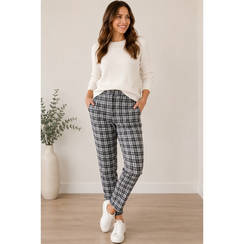 Nine West Heidi Plaid Skinny Pants 10 Gray Tartan Check Dark Academia Preppy‎
